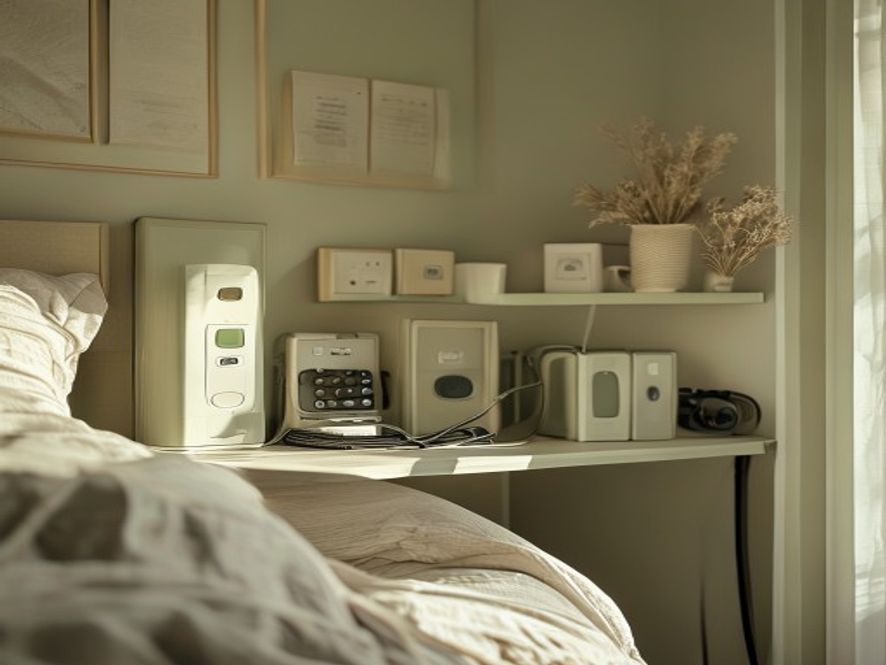 Dedicated home charging station outside bedroom, organised cables and devices on shelf
