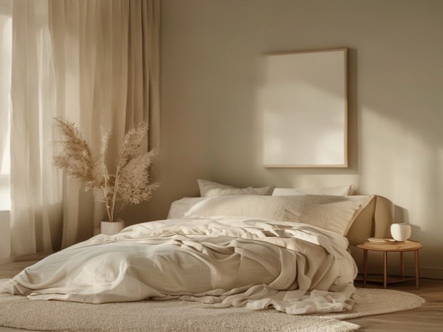 Serene bedroom with warm lighting, no visible electronic devices, cosy textured bedding