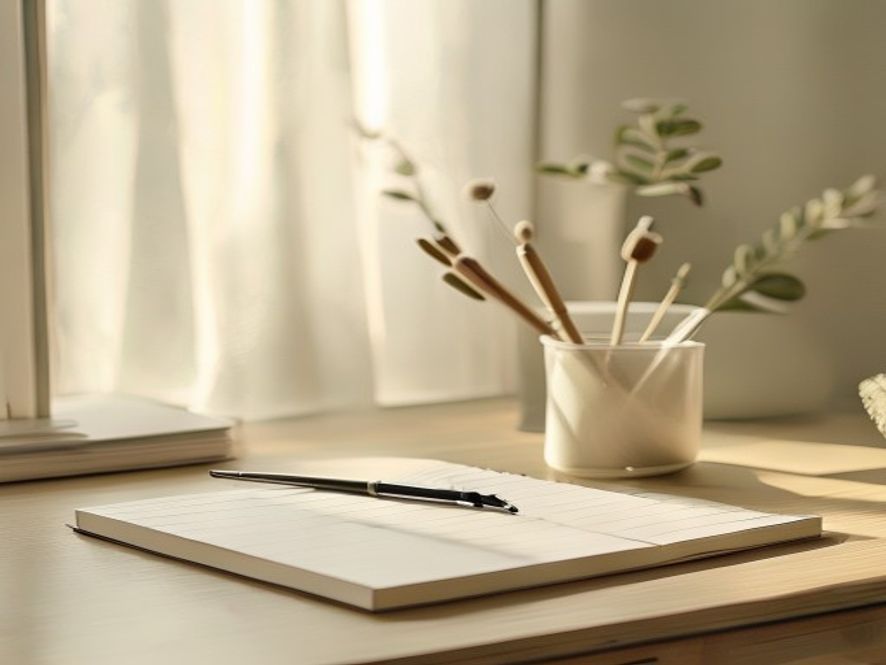 Organised workspace with daily planner, pen, and minimal objects on clean surface