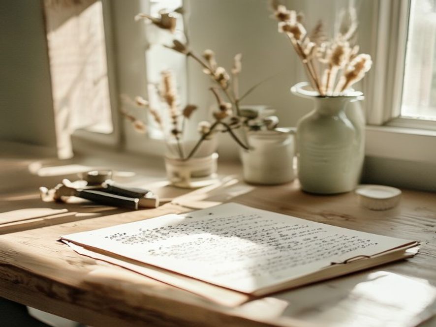Handwritten notes and inspirational items on workspace, morning natural light through window