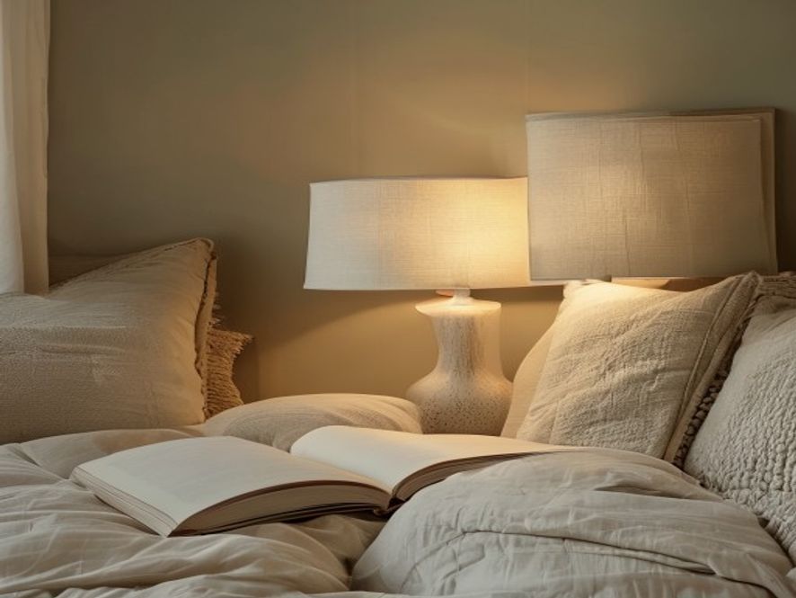Minimal bedroom with soft reading lamp, book on bedside table, no digital devices visible