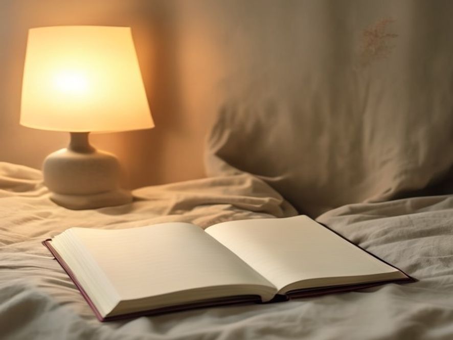 Open journal with pen on soft fabric, warm lamp light, comfortable seating area