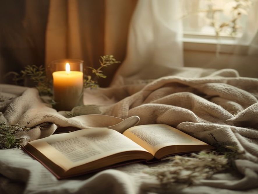 Warm candlelit evening space with book and tea, minimal technology visible